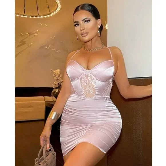 Pink Satin Silk Lace Sleeveless Bustier Bodycon Mini Dress - Picture 13 of 17